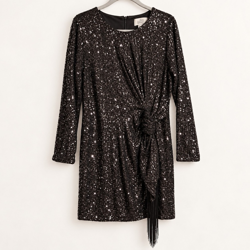 Belle Badgley Mischka Blck Sequin Fringe Dress 14 Cocktail Holiday Halloween NYE